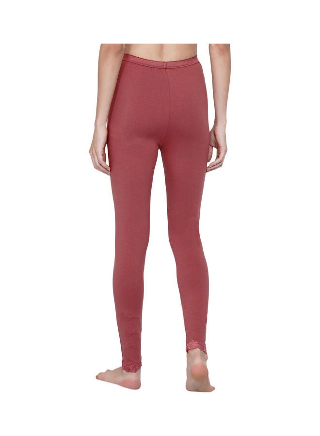 Miss London - High Waist Ultra Soft Tummy Support Stretchy Leggings With Lace Brick Red - Image 1