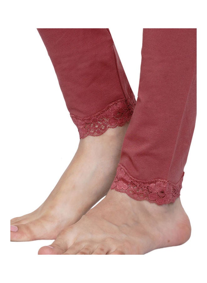 Miss London - High Waist Ultra Soft Tummy Support Stretchy Leggings With Lace Brick Red - Image 1