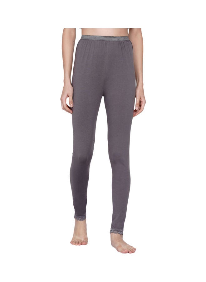 Miss London High Waist Ultra Soft Tummy Support Stretchy Leggings With Lace Grey - Image 1