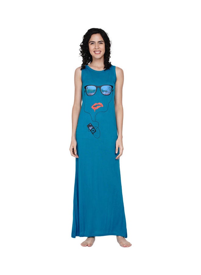 Miss London - Printed Super Soft Sleeveless Night Gown Blue - Image 1