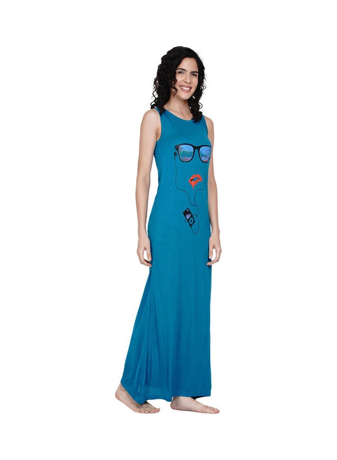 Miss London - Printed Super Soft Sleeveless Night Gown Blue - Image 1