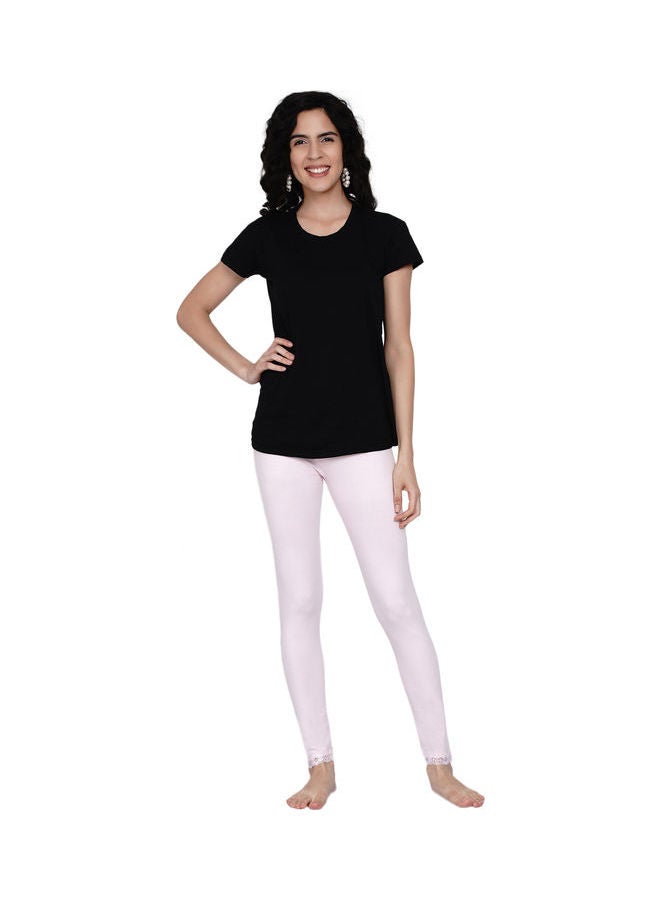 Miss London - High Waist Ultra Soft Tummy Support Stretchy Leggings With Lace Baby Pink - Image 1