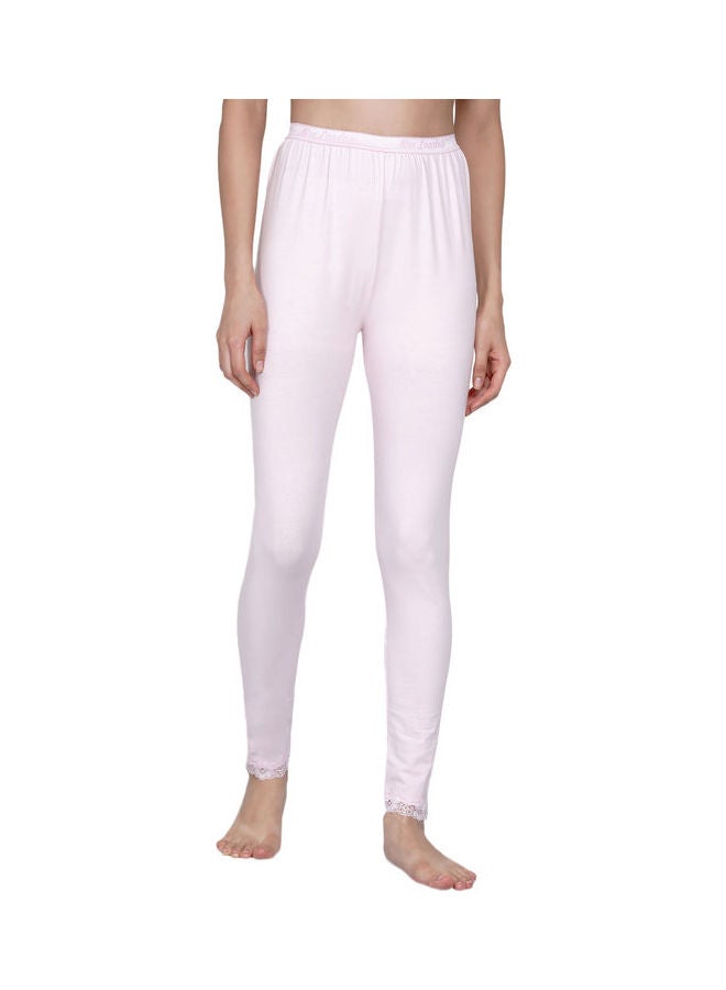 Miss London - High Waist Ultra Soft Tummy Support Stretchy Leggings With Lace Baby Pink - Image 1