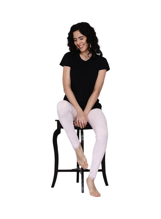 Miss London - High Waist Ultra Soft Tummy Support Stretchy Leggings With Lace Baby Pink - Image 1