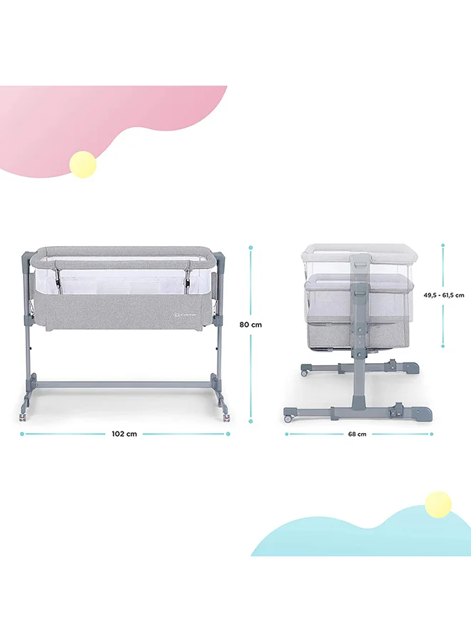 Kinderkraft Bedside Crib Neste Air, Travel Cot, Co - Sleeping Bed, Ajustable Height, Sidewalls With Airy Mesh, Transport Wheels, With Accessories, Cotton Sheet, For Newborn, Up To 6 Month, Grey