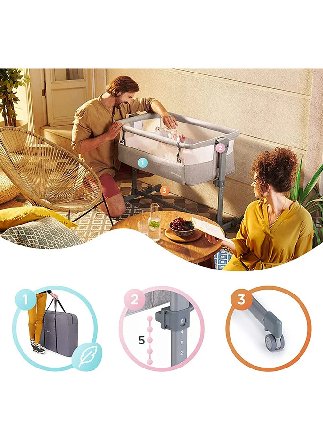 Kinderkraft Bedside Crib Neste Air, Travel Cot, Co - Sleeping Bed, Ajustable Height, Sidewalls With Airy Mesh, Transport Wheels, With Accessories, Cotton Sheet, For Newborn, Up To 6 Month, Grey