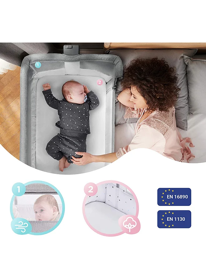 Kinderkraft Bedside Crib Neste Air, Travel Cot, Co - Sleeping Bed, Ajustable Height, Sidewalls With Airy Mesh, Transport Wheels, With Accessories, Cotton Sheet, For Newborn, Up To 6 Month, Grey
