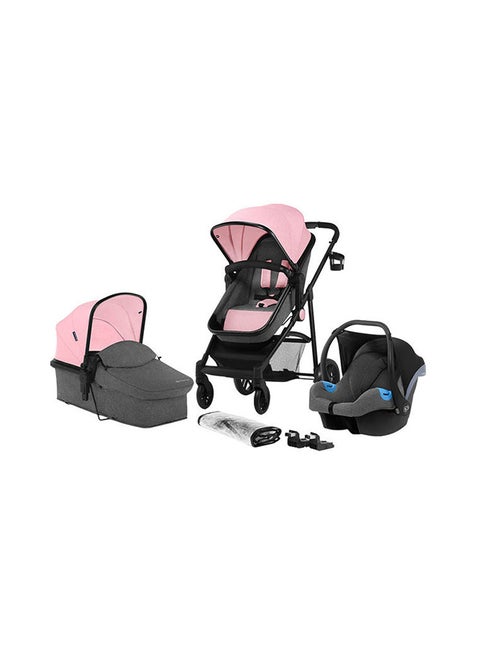 Pram 3 In 1 Set Juli, Travel System, Baby Pushchair, Rear And Front Facing, Foldable, With Infant Car Seat, Carrycot, Accessories, Footmuff, Cup Holder, From Birth To 3 Years, Pink