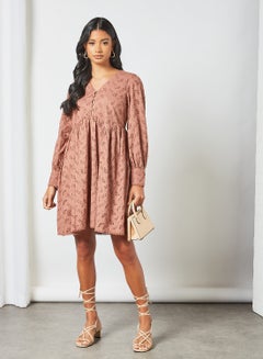Y.A.S V-Neck Broderie Dress Brown  - Image 3