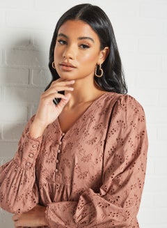 Y.A.S V-Neck Broderie Dress Brown  - Image 4