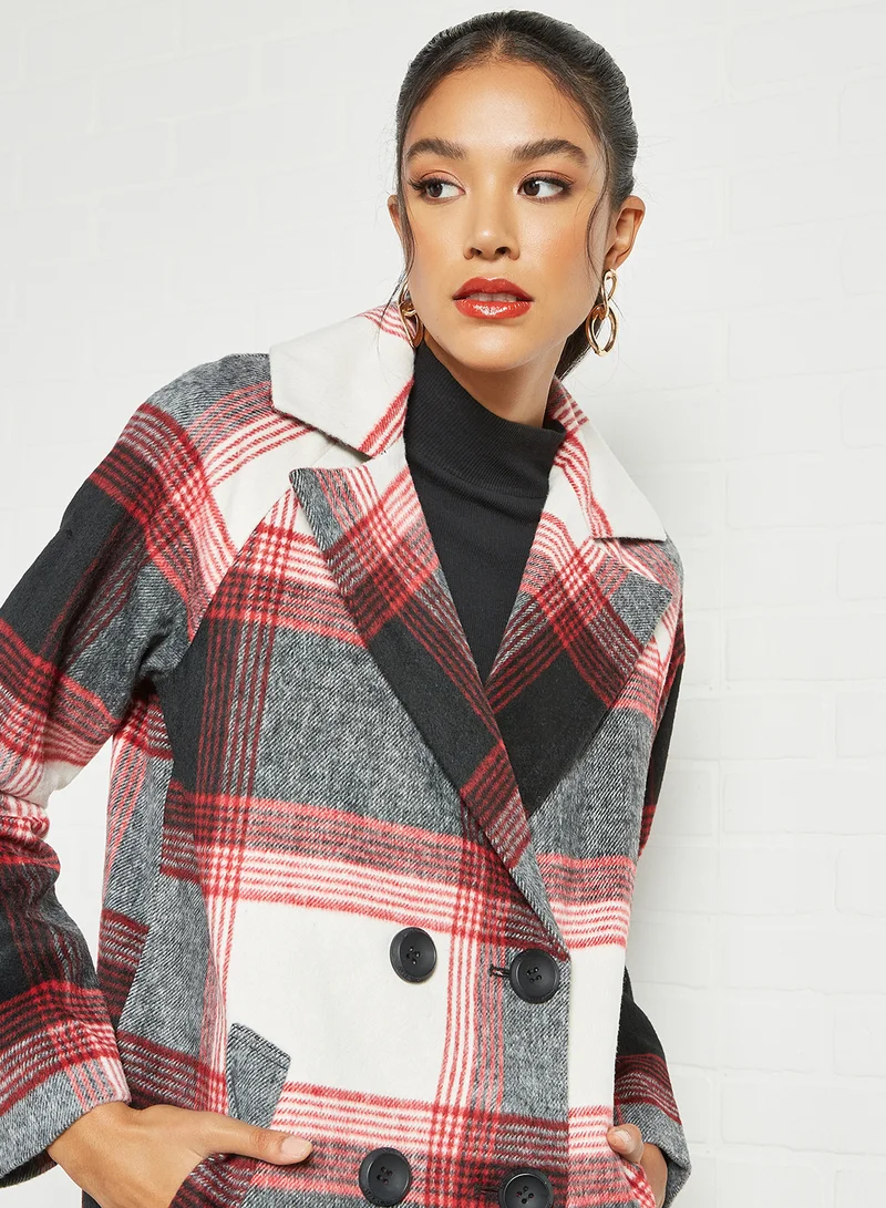 NOISY MAY Plaid Longline Coat Red