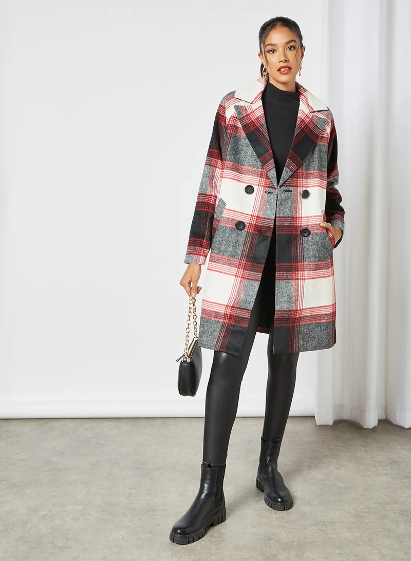NOISY MAY Plaid Longline Coat Red