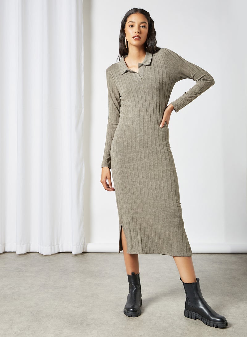 PIECES - Ribbed Bodycon Dress Khaki - Image 1