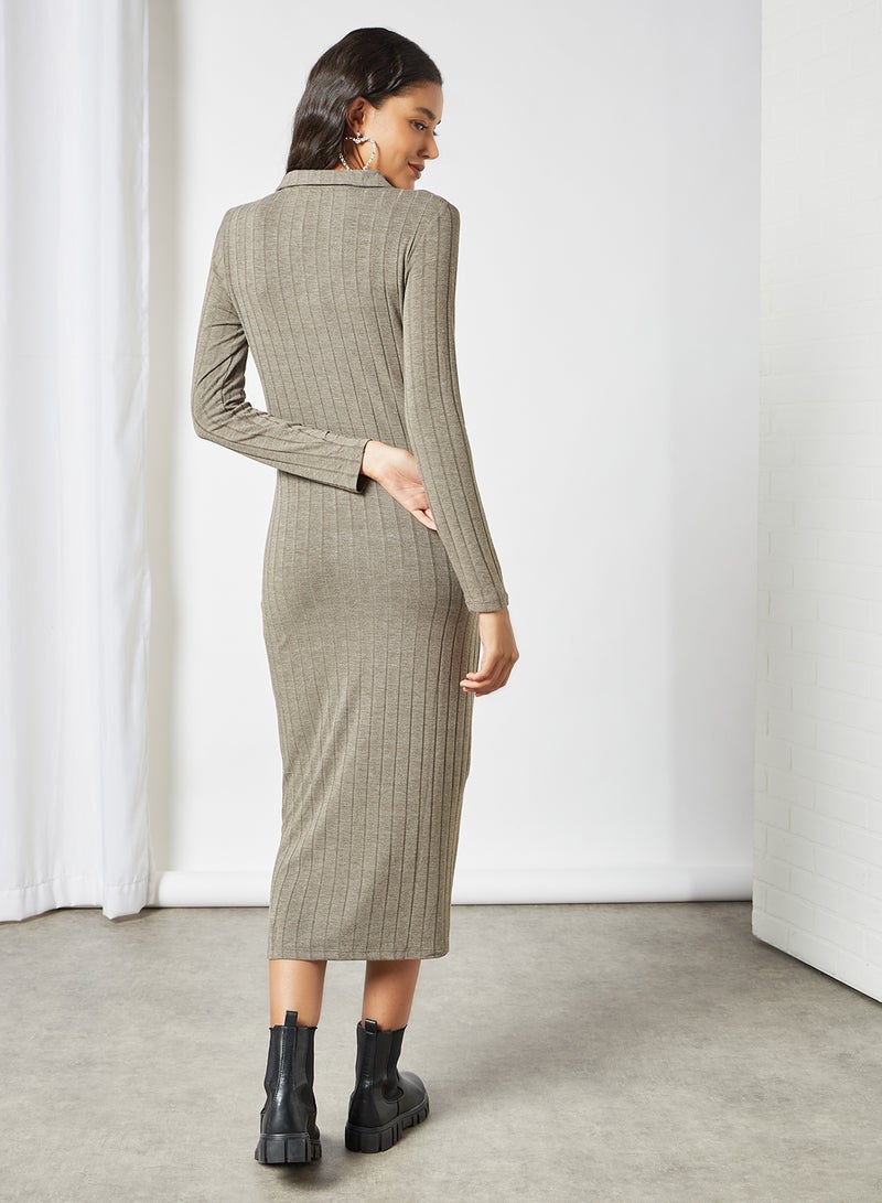 PIECES - Ribbed Bodycon Dress Khaki - Image 1
