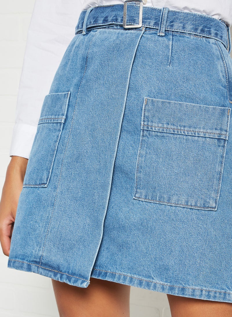 PIECES - Wrap Front Skirt Medium Blue Denim - Image 1