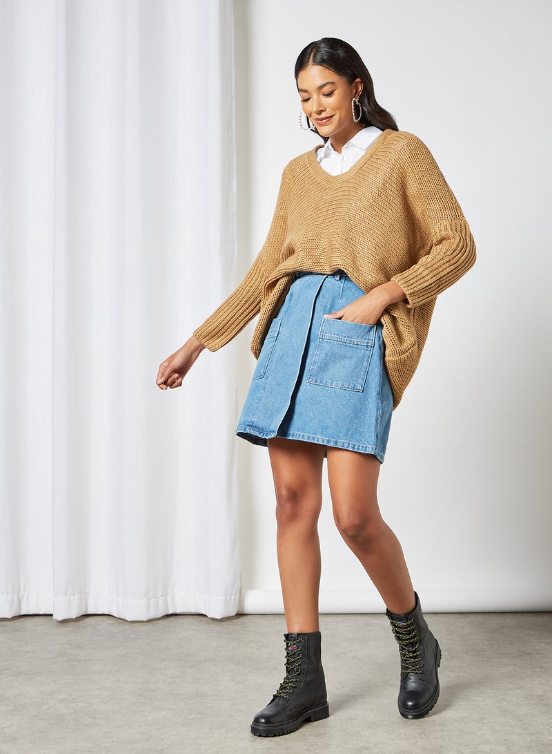 PIECES - Wrap Front Skirt Medium Blue Denim - Image 1
