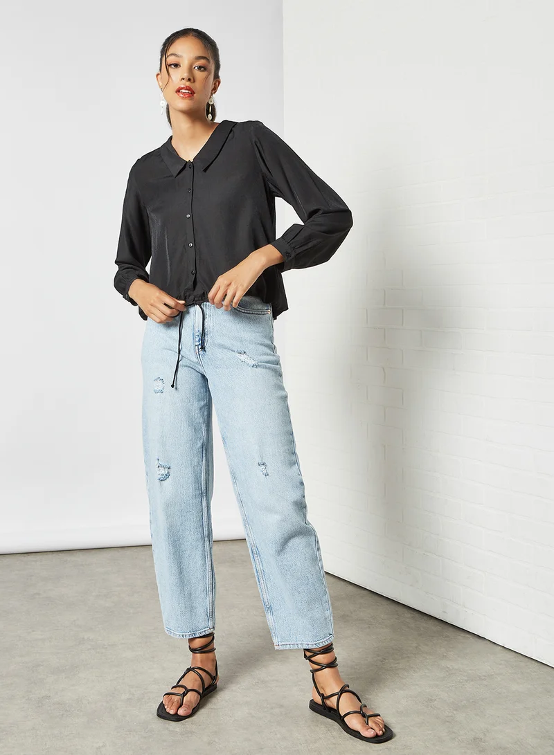 PIECES Drawstring Hem Top Black