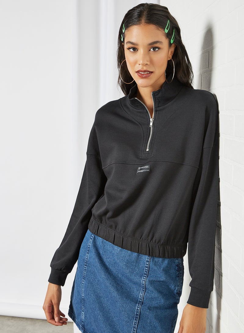 NOISY MAY - Half-Zip Cropped Sweatshirt Black - Image 1