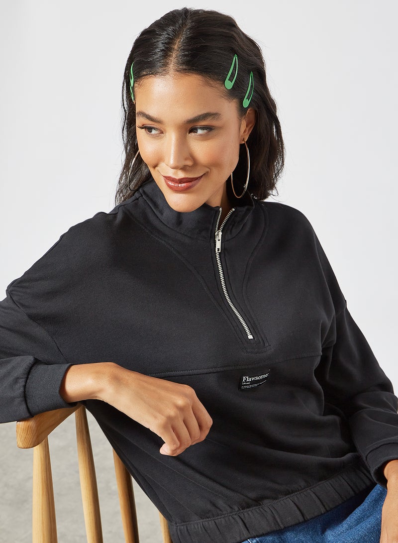 NOISY MAY - Half-Zip Cropped Sweatshirt Black - Image 1