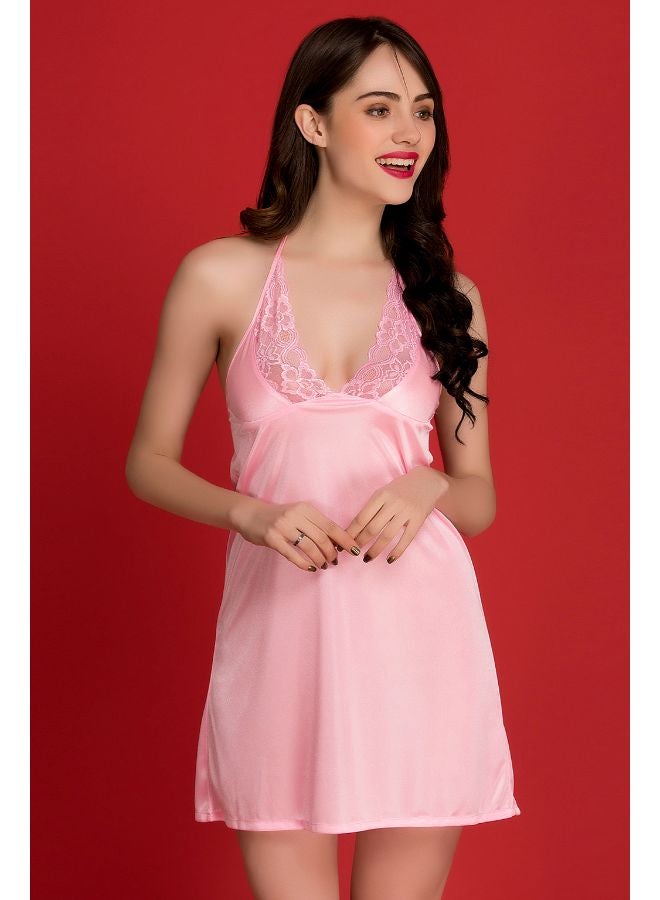 Clovia - Satin Halter Neck Babydoll Pink - Image 1