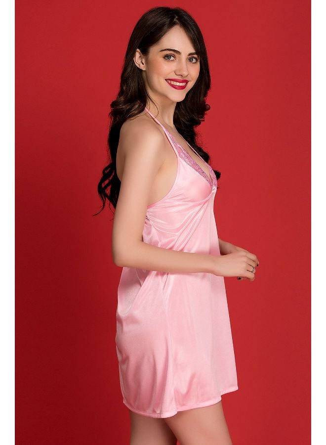 Clovia - Satin Halter Neck Babydoll Pink - Image 1