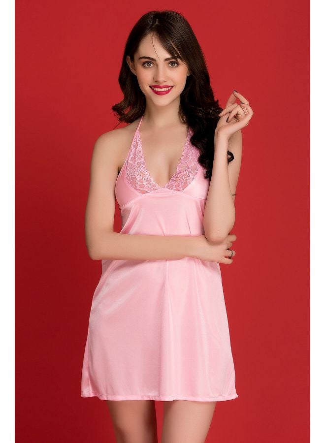 Clovia - Satin Halter Neck Babydoll Pink - Image 1