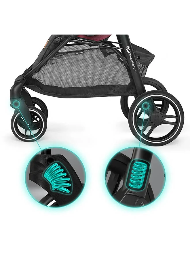 Kinderkraft Grande Stroller - Black, Reclining, Foldable, Multi-level Backrest Adjustment, 5-Point Saftey Belts, With Large Shopping Bag, Large Canopy, Suitable for 0+ months