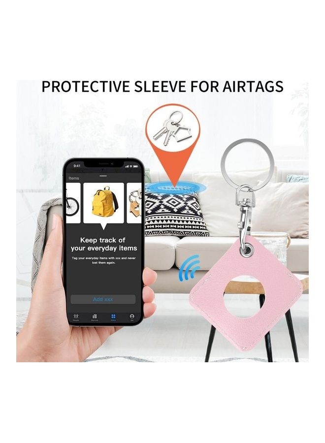 BGM - Square PU Leather Case Shockproof Anti-Scratch Case With Keychain For Apple AirTag Pink - Image 1