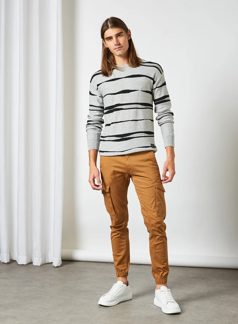 JACK & JONES Stripe Print Sweater Light Grey Melange