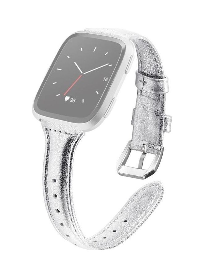 BGM Leather Wrist Strap Watchband For Fitbit Versa 2 Smartwatch Silver - Image 1