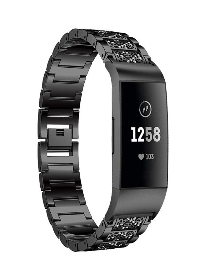 BGM Diamond-Studded Solid Stainless Steel Wrist Strap Watch Band for Fitbit Charge 3 Black - Image 1