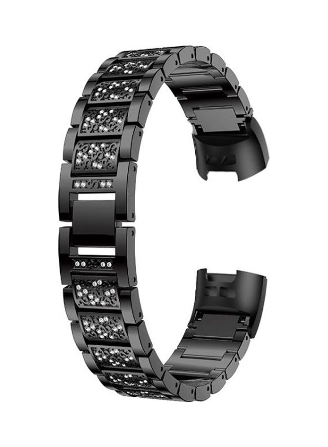 BGM Diamond-Studded Solid Stainless Steel Wrist Strap Watch Band for Fitbit Charge 3 Black - Image 2