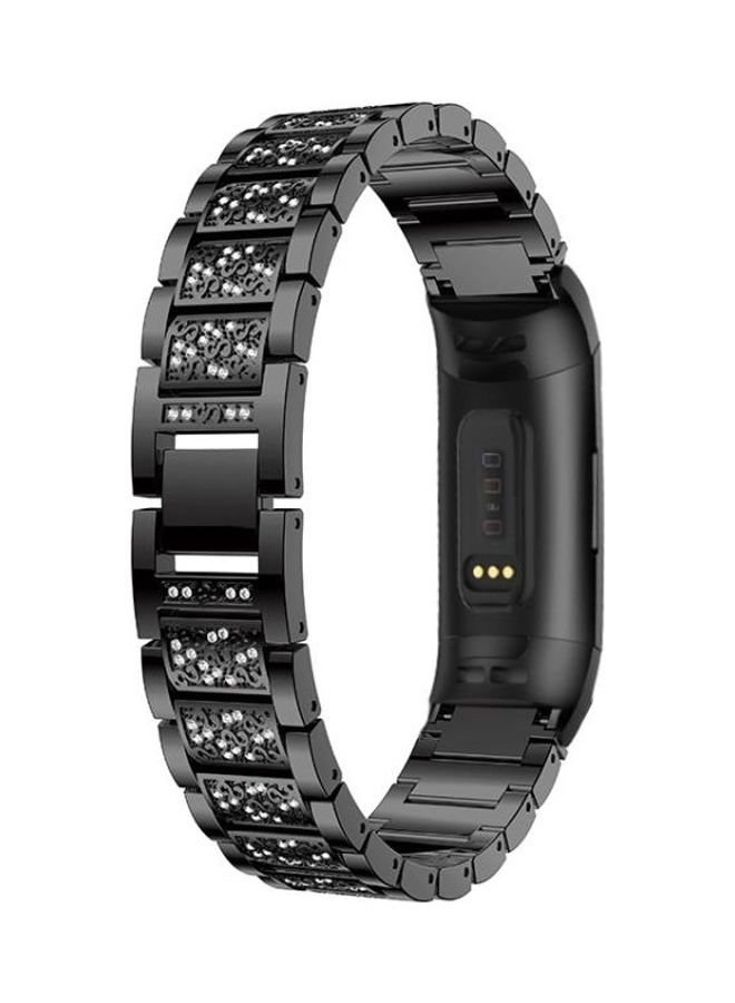 BGM Diamond-Studded Solid Stainless Steel Wrist Strap Watch Band for Fitbit Charge 3 Black - Image 3