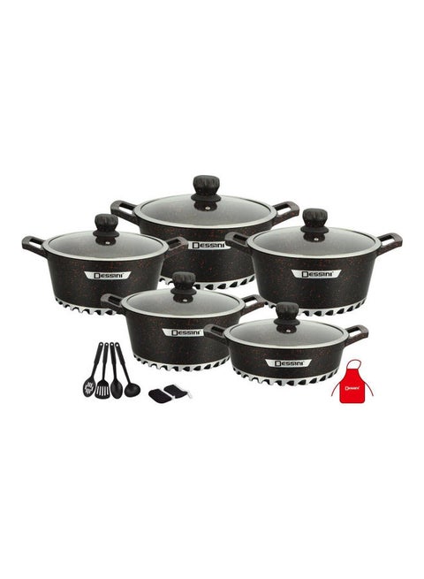 17-Pieces Granite Cookware Set Includes Casserole With Lid 24cm, Casserole With Lid 28cm, Casserole With Lid 32cm, Casserole With Lid 28cm, Shallow Casserole 7xCooking Tools Black/Clear 28cm