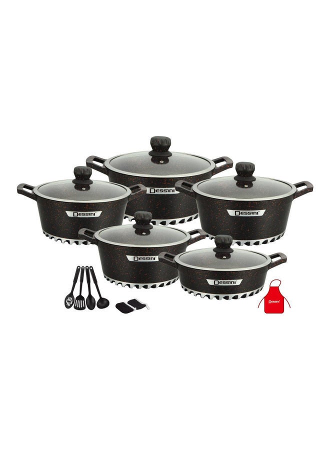 DESSINI - 17-Pieces Granite Cookware Set Includes Casserole With Lid 24cm, Casserole With Lid 28cm, Casserole With Lid 32cm, Casserole With Lid 28cm, Shallow Casserole 7xCooking Tools Black/Clear 28cm - Image 1