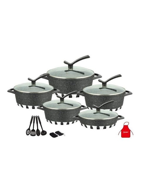 17-Pieces Granite Cookware Set Includes Casserole With Lid 24cm, Casserole With Lid 28cm, Casserole With Lid 32cm, Casserole With Lid 28cm, Shallow Casserole 7xCooking Tools Black 32cm