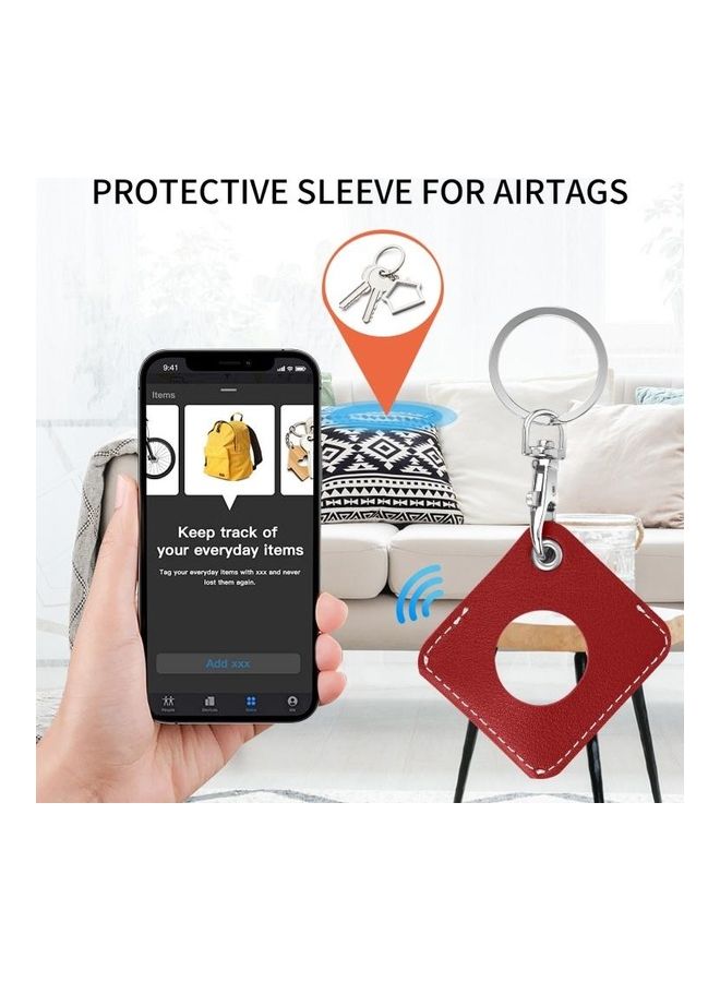 BGM - Square PU Leather Case Shockproof Anti-Scratch Protective Cover with Keychain Ring Loop for Apple AirTag Red - Image 1