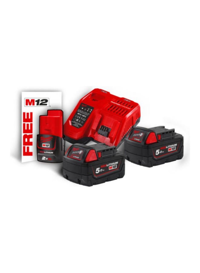 Milwaukee 3-Piece M18NRG-502 18V 5.0AH Battery and Charger Kit Red/Black 38.5 x 98 x 18.5cm 