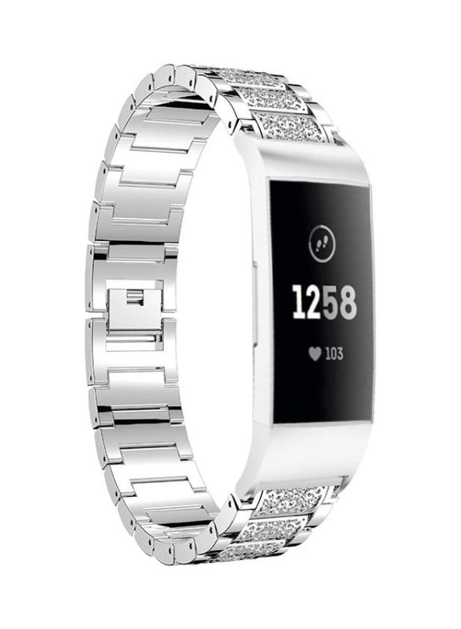 BGM Diamond-studded Solid Stainless Steel Wrist Strap Watch Band For Fitbit Charge 3 Silver - Image 1