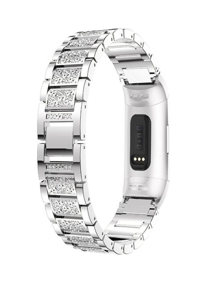 BGM Diamond-studded Solid Stainless Steel Wrist Strap Watch Band For Fitbit Charge 3 Silver - Image 3