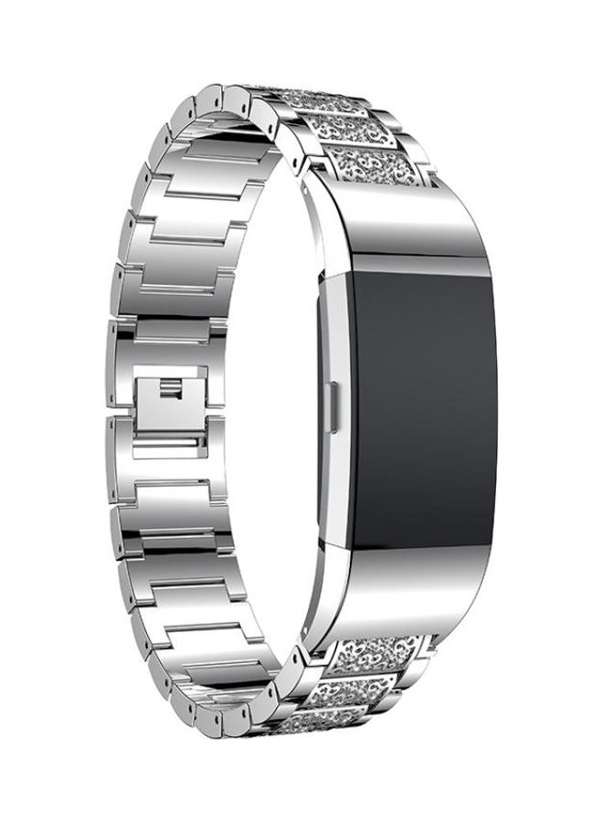 BGM Diamond-studded Solid Stainless Steel Wrist Strap Watch Band For Fitbit Charge 2 Silver - Image 1