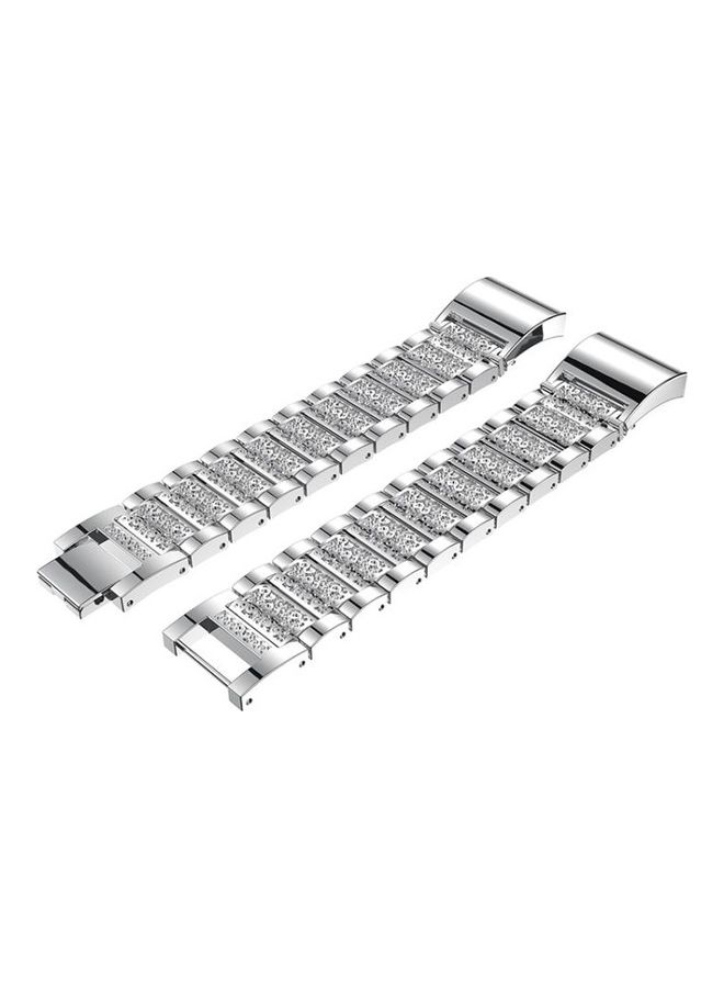 BGM Diamond-studded Solid Stainless Steel Wrist Strap Watch Band For Fitbit Charge 2 Silver - Image 5