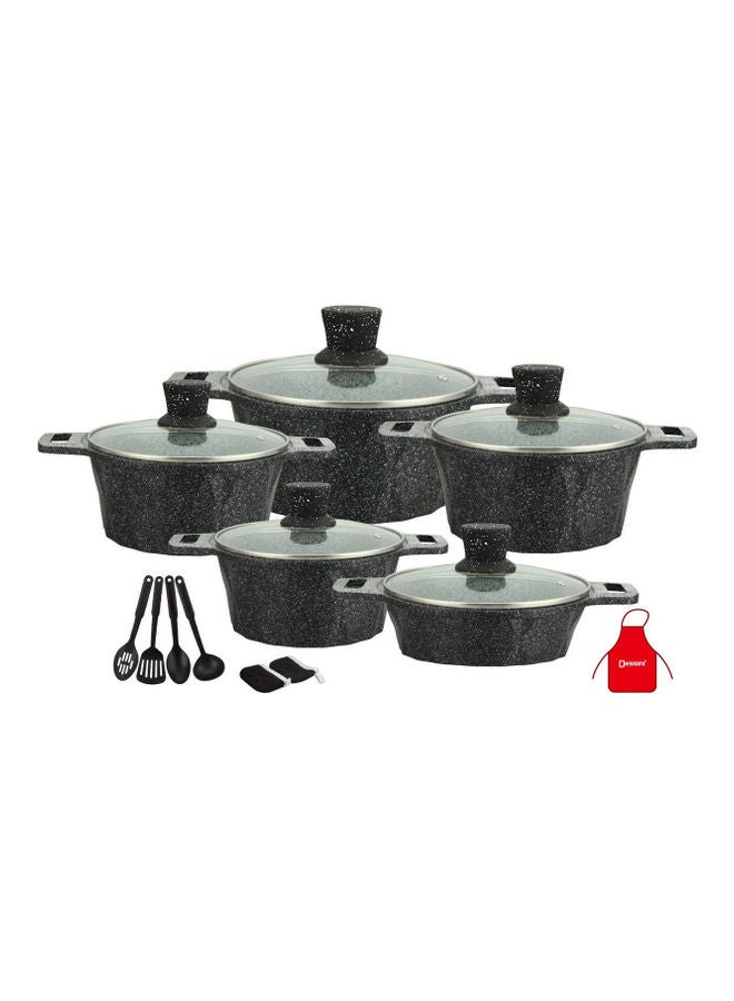 DESSINI 17-Pieces Granite Cookware Set Includes Casserole With Lid 24cm, Casserole With Lid 28cm, Casserole With Lid 32cm, Casserole With Lid 28cm, Shallow Casserole 7xCooking Tools Black/Clear 32cm - Image 1