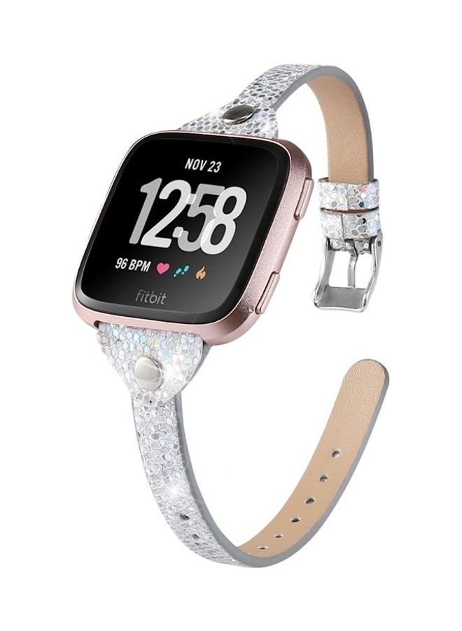 BGM Studded Slim Sequin Glitter Leather Strap For Fitbit Versa / Versa 2 / Versa Lite / Versa SE Silver - Image 3
