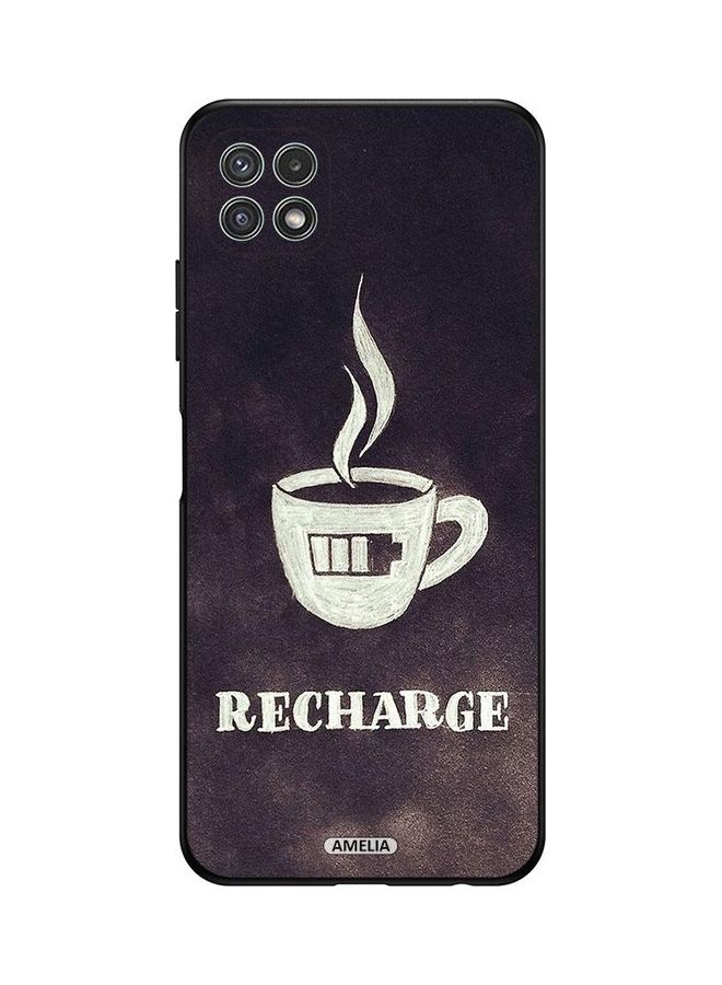 إميليا غطاء حماية واقي لهاتف سامسونج جالاكسي A22 5G، مزين بطبعة فنجان قهوة، وكلمة "Recharge". رمادي/ أبيض - Image 1