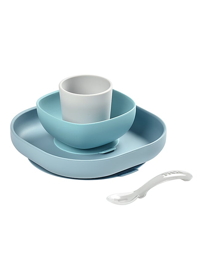 BEABA 4 - Pieces Dishware 100% Silicone Baby Plate Set, Baby Bowls - Includes Baby Plate, Baby Bowl, Baby Cup, 2Nd Stage Silicone Spoon, (Rain)