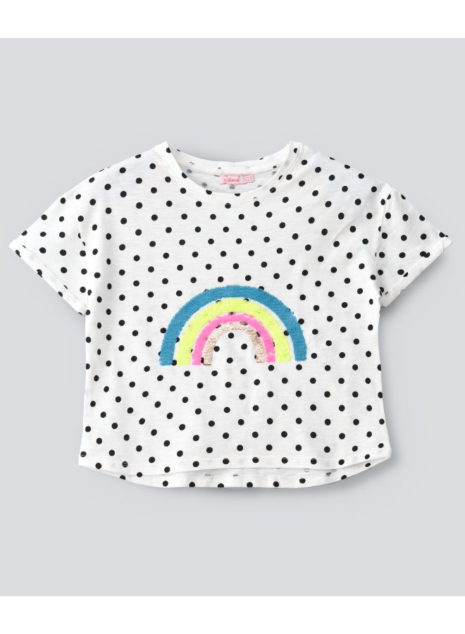 Jelliene Short Sleeve Round Polka Dot Neck Knit Top With Sequins At Front White  - Image 1