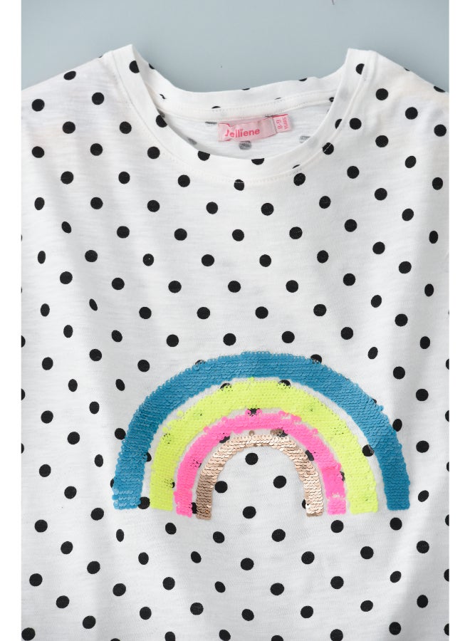 Jelliene Short Sleeve Round Polka Dot Neck Knit Top With Sequins At Front White  - Image 3