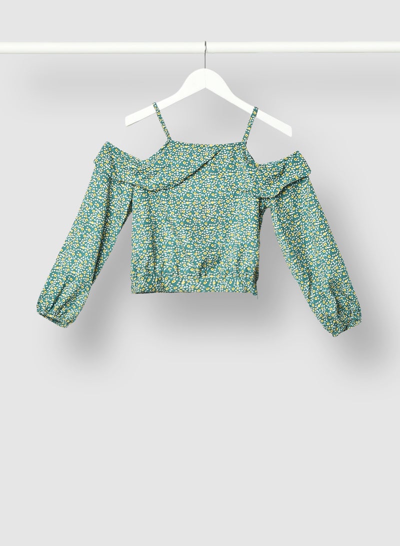 Neon Floral Printed Woven Top Green/Yellow  - Image 1
