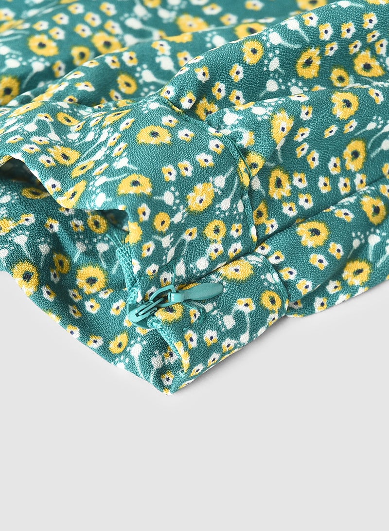 Neon Floral Printed Woven Top Green/Yellow  - Image 4